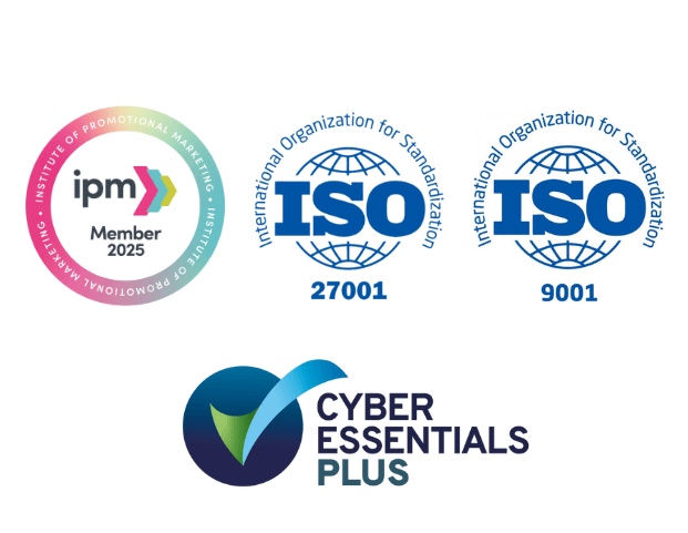 Logos for IPM, ISO27001, ISO 9001 and Cyber Essentials Plus