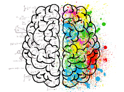 Illustrated graphic, showing 2 sides of a brain, one black and white, one in colour
